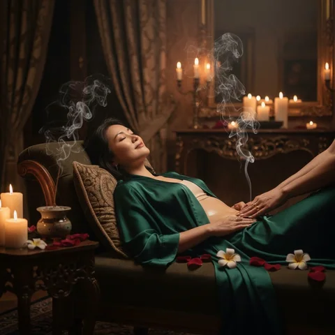 一位身穿绿色长裙的成年女性在烛光休息室放松