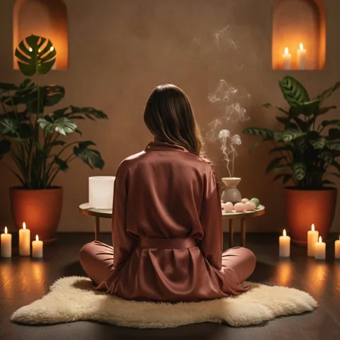 一位身穿浅色衣袍的成年女性在柔和烛光中静坐